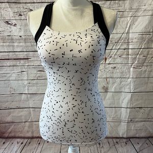 NWT XS LUCY WHITE CONFETTI PRINT FITNESS FIX TANK Built in bra, zip back stash